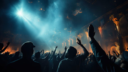 Crowd at concert with raised hands in front of bright stage lights.の素材