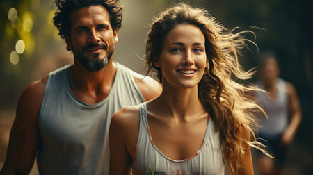 Group of friends running together on the beach. Group of young people jogging at sunset.の素材
