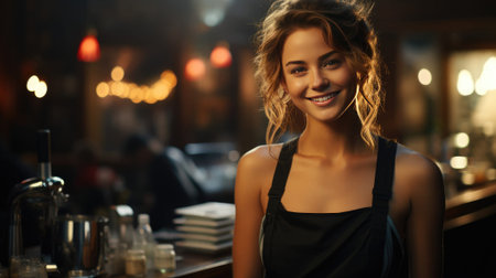 Beautiful young woman barista in apron smiling while working in cafe.の素材