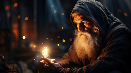 Portrait of an old man magician wizard with a long gray beard on the background of the night.の素材