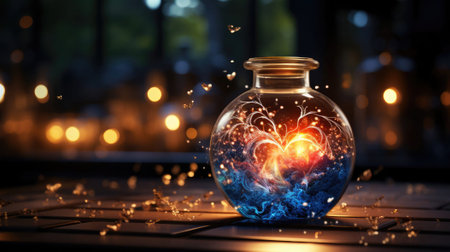 Burning magic potion in crystal bottle. Halloween witchcraft and alchemy concept.の素材