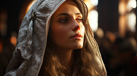 Portrait of a beautiful young woman in a headscarf, believer prays in temple.の素材