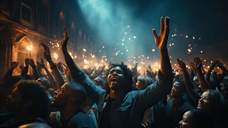 Crowd at concert with raised hands in front of bright stage lights.の素材