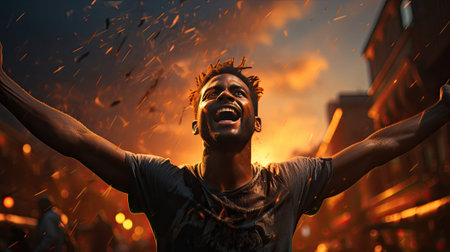 A male athlete runs and wins, crossing the finish line and shouts with joy and joy. Victory success and sport concept.の素材