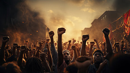 Crowd of people at the rally protesting for freedom and democracy with raised hands in the city.の素材