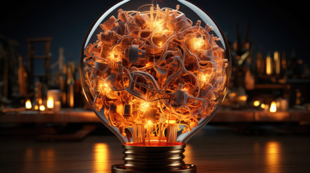 Light bulb with gears inside on blurred city background. 3D rendering.の素材