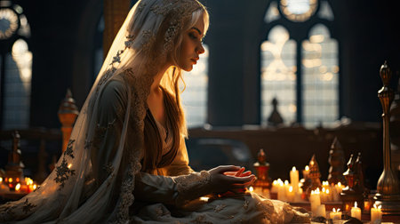 A young believer woman in a headscarf prays in a church temple with many burning candles to God reads a prayer from the Bible.の素材