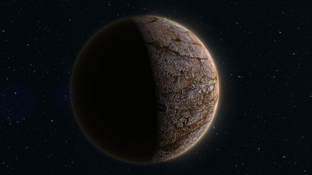 Abstract realistic space spinning planet round sphere with a relief stone surface in space.