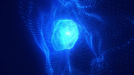 Abstract blue digital particle grid forming a luminous wave.