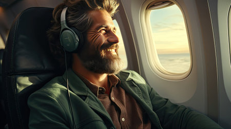 A man flies on an airplane and listens to music on headphones during an air flight, resting next to the airplane window.の素材