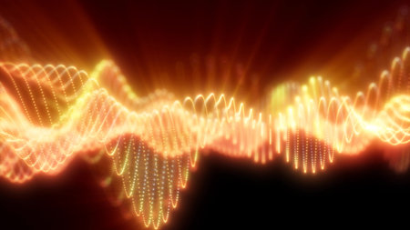 Glowing abstract waves of golden light flowing across a dark background, creating a dynamic and warm...