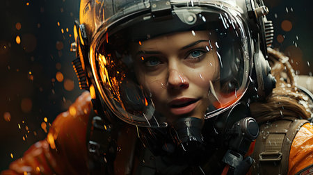 Beautiful female astronaut in a protective suit in a pilot spacesuit with helmet and mask.の素材