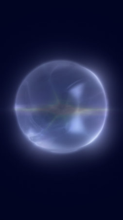 Translucent glass bubble with soft halo and lens flare on dark blue background, minimal futuristic...