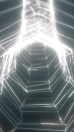 Abstract white wireframe tunnel with geometric lines and perspective depth, representing digital...