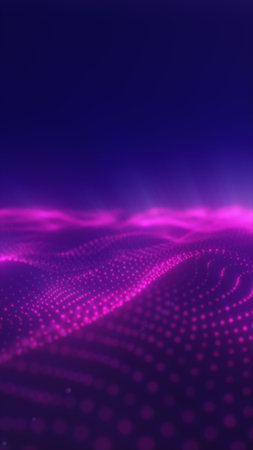 Dynamic landscape of glowing pink particles forming a flowing digital wave in a dark futuristic...