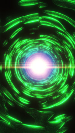 Glowing green energy vortex with circular rings and bright core light, forming a futuristic portal tunnel background.の写真素材