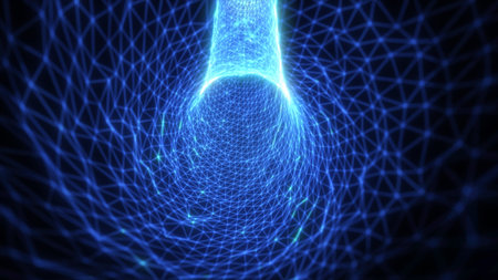 Blue glowing wireframe funnel with connected nodes and triangular mesh, creating a high-tech digital...