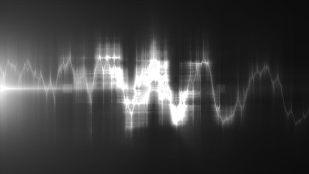 Abstract white glowing waveform on a dark background, illustrating clean sound visualization, data...