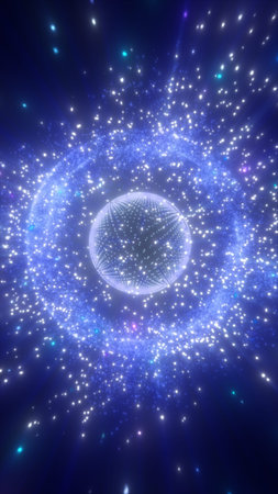 Glowing blue energy sphere surrounded by particles in cosmic space, symbolizing digital universe, connectivity, and infinite data.の写真素材