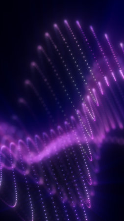 Abstract purple wave made of glowing dotted lines, representing digital signals, sound waves, and...