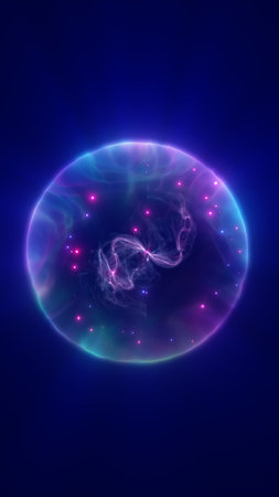 Glowing purple energy sphere with floating particles and swirling light patterns on a deep blue background.の写真素材