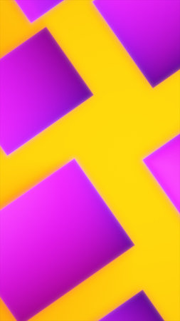 Bright abstract geometric composition with bold yellow cross shapes on a purple background, creating a playful modern graphic design.の写真素材