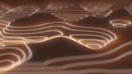 Abstract yellow looped futuristic hi-tech landscape with mountains and canyons from glowing energy circles and magic lines background.の写真素材