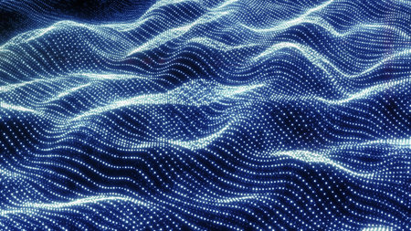 Vibrant blue digital waves made of shimmering particles form a luminous flowing futuristic field.
