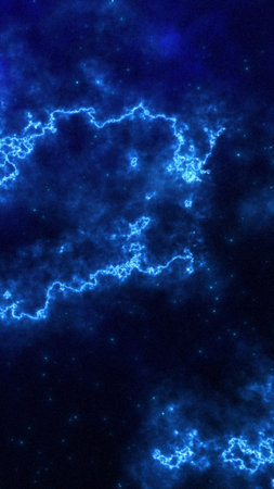Deep blue cosmic background with glowing electric lightning patterns and star-like particles,...