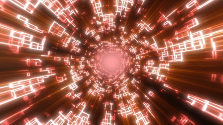 Fiery red energy tunnel with glowing geometric fragments cascading towards a bright central source.