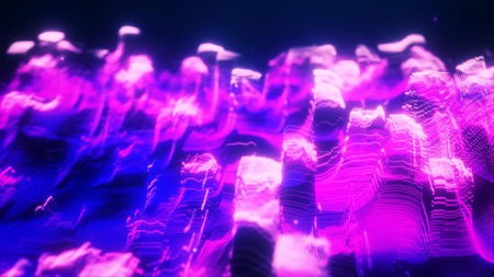 Abstract moving purple futuristic landscape of particles and dots of energetic magic with glow and blur effect, abstract background.の写真素材
