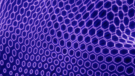 Bold purple neon hexagonal grid with glowing edges, forming a smooth 3D surface that evokes cyber...