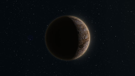 Abstract realistic space spinning stone desert planet glowing round sphere with a relief surface.