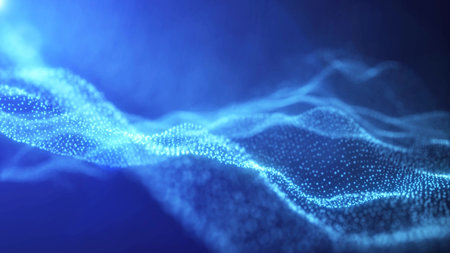 Abstract waves from particles and lines of blue futuristic beautiful flying glowing magical energy with sun rays and blur effect.の写真素材