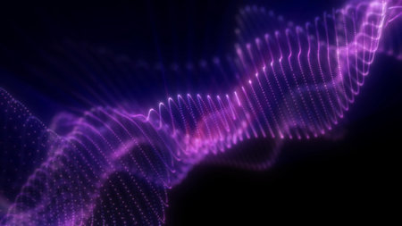 Vibrant pink and purple light waves pulse across a dark background, creating a futuristic and...
