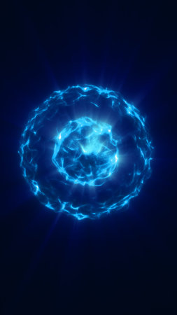 Glowing blue spherical energy formation with radiant light and textured particle layers in a dark...