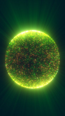 Glowing green particle sphere with radiant light rays on dark background, futuristic energy orb...