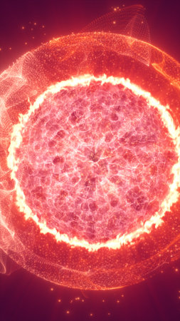 Fiery red energy sphere with glowing plasma surface, abstract representation of power, heat, and cosmic force.の写真素材