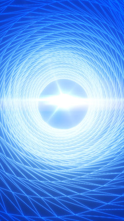 Blue and cyan swirling vortex spiral with luminous center, abstract motion tunnel background.