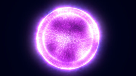 Glowing purple plasma sphere with a radiant circular halo, representing futuristic energy, quantum power, and sci-fi technology.の写真素材