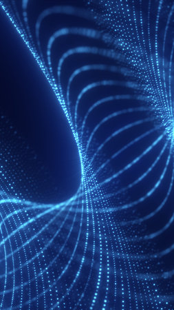 Flowing blue digital wave made of glowing dots, forming a smooth abstract structure that represents...