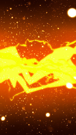 Fiery orange abstract scene with glowing molten shards and floating embers, like a lava explosion or blazing energy fracture background.の写真素材