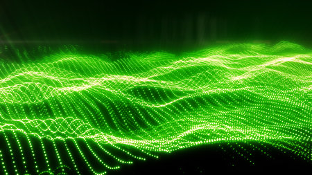 Vivid green glowing particles form a flowing digital wavefield with futuristic depth and motion.
