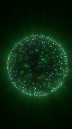 Glowing green particle sphere with radiant light rays on dark background, futuristic energy concept.の写真素材