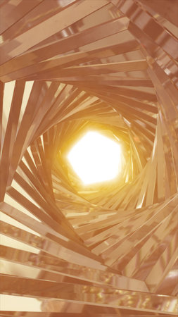 Shiny golden tunnel with spiral structure converging to a bright center, evoking a futuristic and...