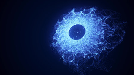 Abstract glowing blue futuristic energy dust with waves of magical energy particles on a dark blue...