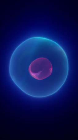 Blue glowing orb with pink core inside transparent sphere, abstract science and technology...