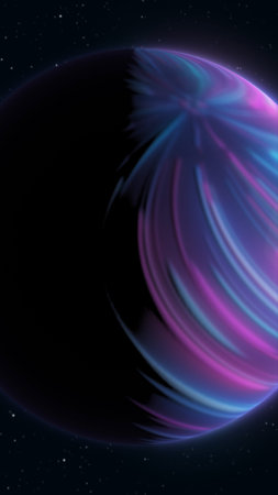 Abstract cosmic planet glowing with vibrant neon energy arcs in deep space.の写真素材