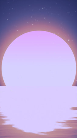 Soft pastel pink sun rising over reflective water under a starry twilight sky.