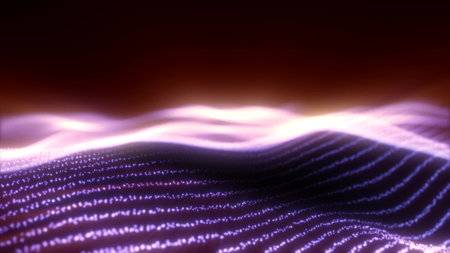 Abstract purple waves from glowing particles and lines futuristic hi-tech background.
